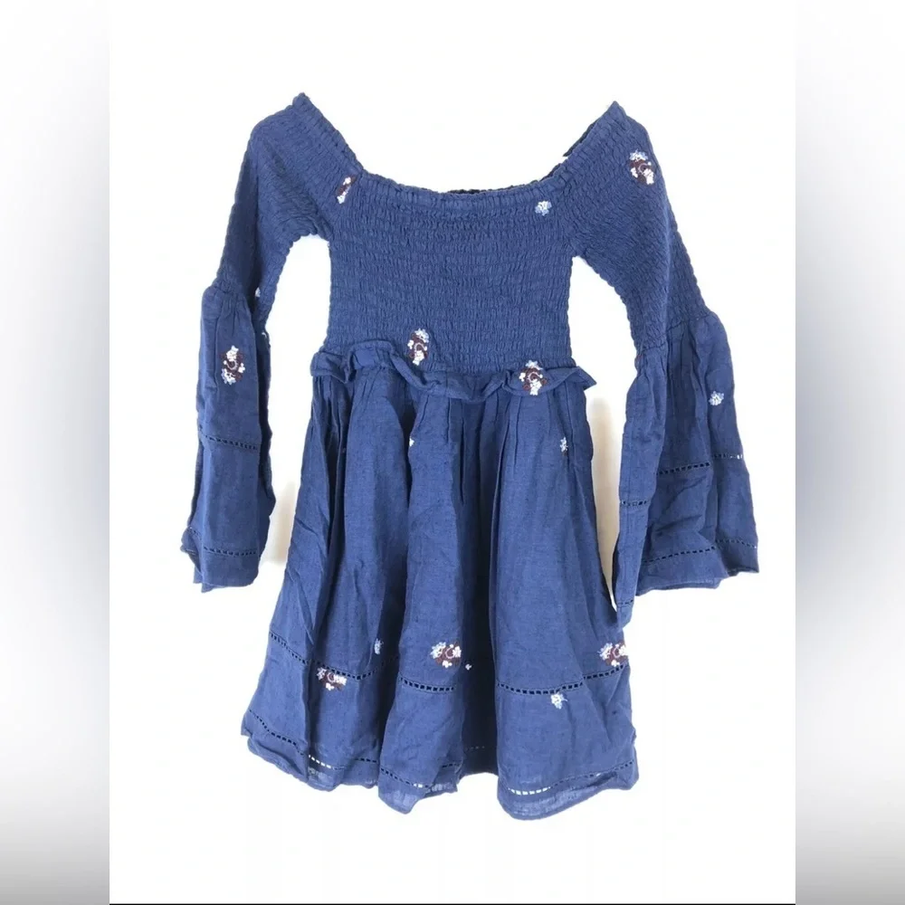 Free People, Women’s Embroidered Blue Mini Dress, Size Extra Small, Long Sleeves